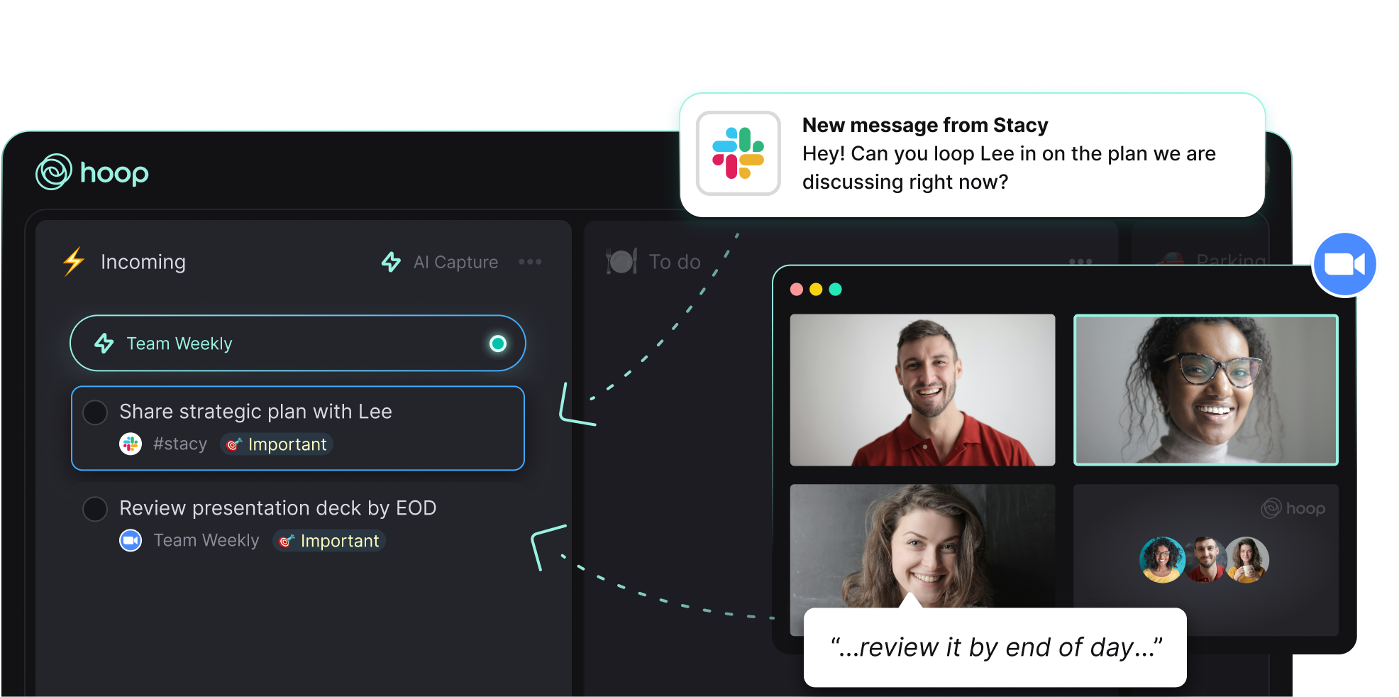 An illustration of Hoop using AI to automatically record tasks from Zoom meetings and Slack conversations.